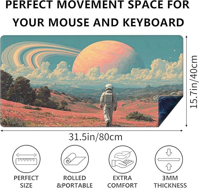 AQQA Double-Sided Extra Large Gaming Mouse Pad, Astronaut and Nebula Art Desk Mat, Smooth Surface, Non-Slip Rubber Base, Waterproof & Durable Stitched Edges for Office and Gaming,31.5”x15.7”