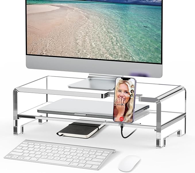 Acrylic Monitor Stand Riser 16'' 2-Tier Acrylic Laptop Stand Clear Computer Stand Laptop Riser with Storage Desk Organizer Accessories for Home and Office