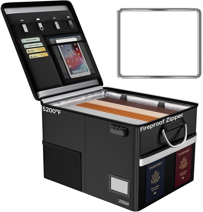5200℉ Fireproof Document Box with Lock, Waterproof File Organizer with Handle, Portable Collapsible Filing Cabinet with Reflective Strip for Hanging Letter/Legal Folder, Black