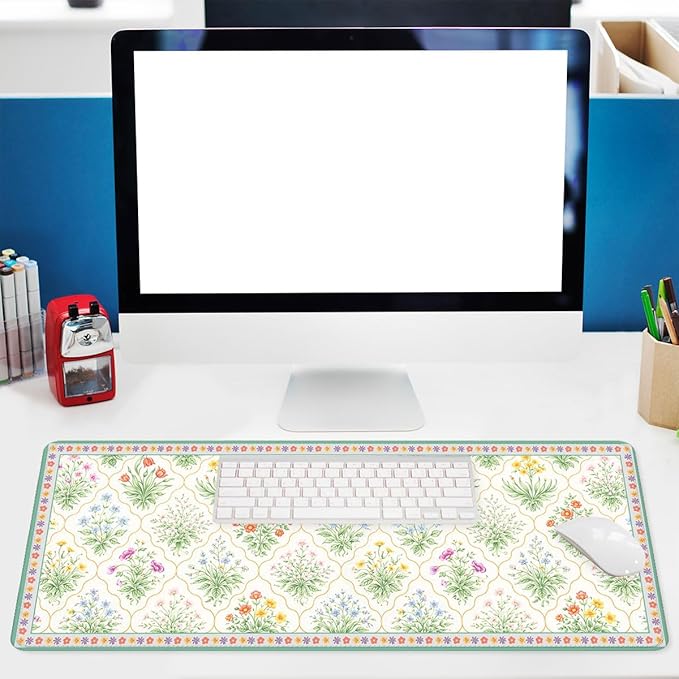 Cottagecore Floral Mouse Pad, Vintage Garden Botanical Gaming Desk Mat Extended Laptop Keyboard Non-Slip Rubber Base with Stitched Edges for Home, 31.5x11.8in Desk Home Office Gaming