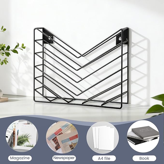 Wall Mounted Magazine Rack, Metal File Organizer for Hanging Mail and Books, Black Powder Coated Finish, 8x6x1.5 Inches, 4 Pack