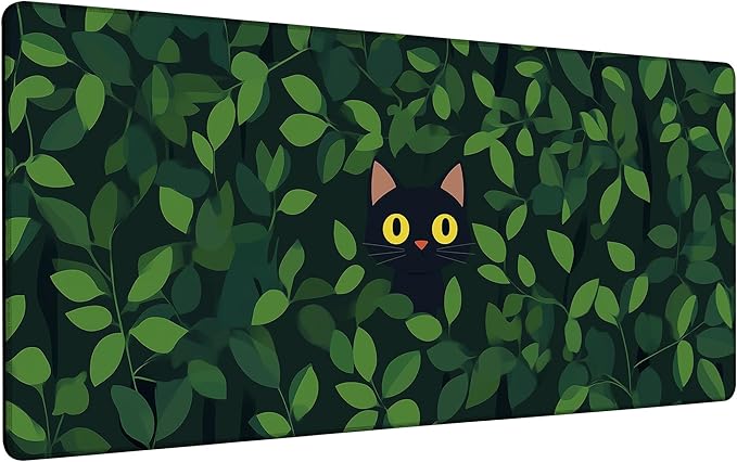 Black Cat Hide Green Leaves Mouse Pad,35.4 x 15.7 Inch Large Mouse Mat Non-Slip Rubber Stitched Edges for Writing Desk,Office,Home,Laptop