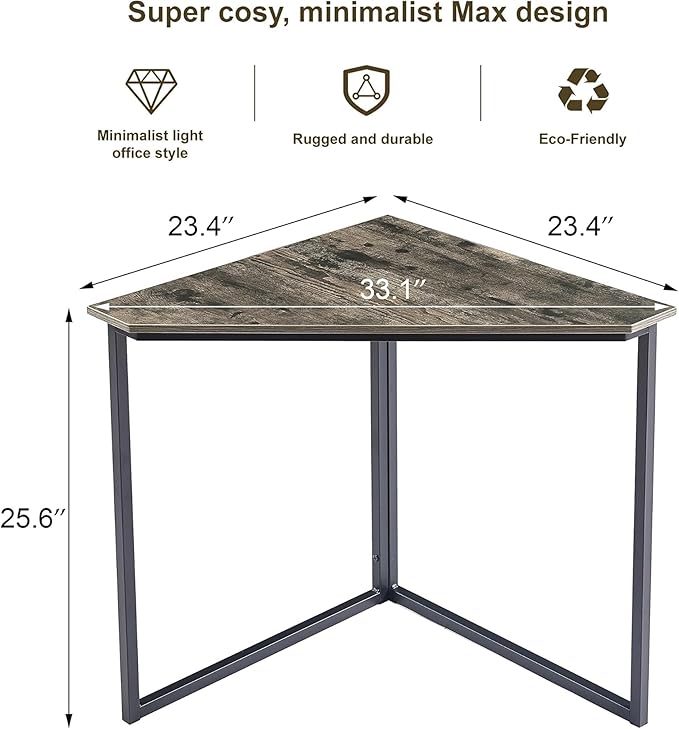 VECELO Corner Desk,Office Tables for Living Room for Small Space Triangle Computer Desk with Steel Frame Corner Shelves with Metal Frame Writing Desk for Workstation Classic Grey 33.1"