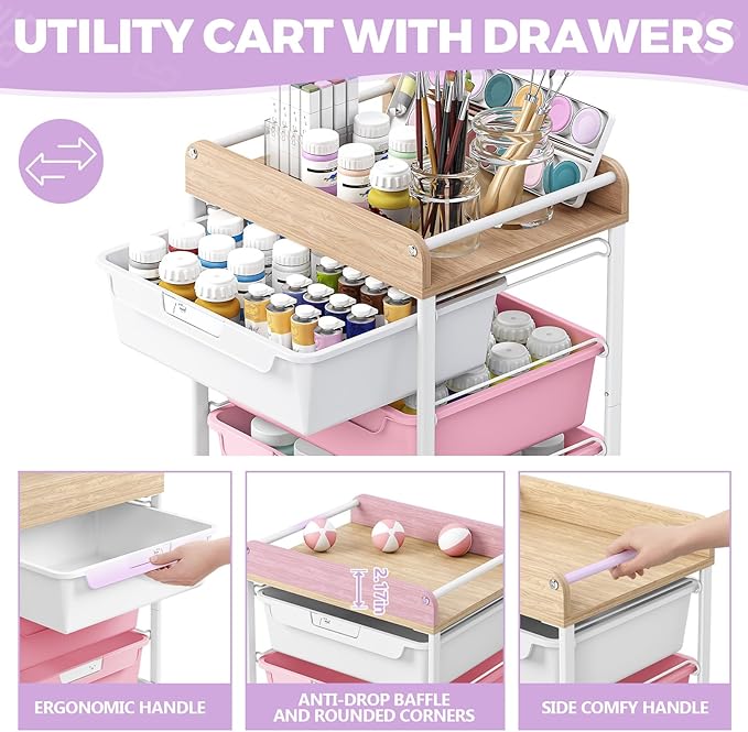 SYKIARIOL Rolling Cart with 6 Drawers,Utility Storage Cart with Drawers,Art Craft Organizers and Storage,Makeup Organizer with Wooden Tabletop,Purple
