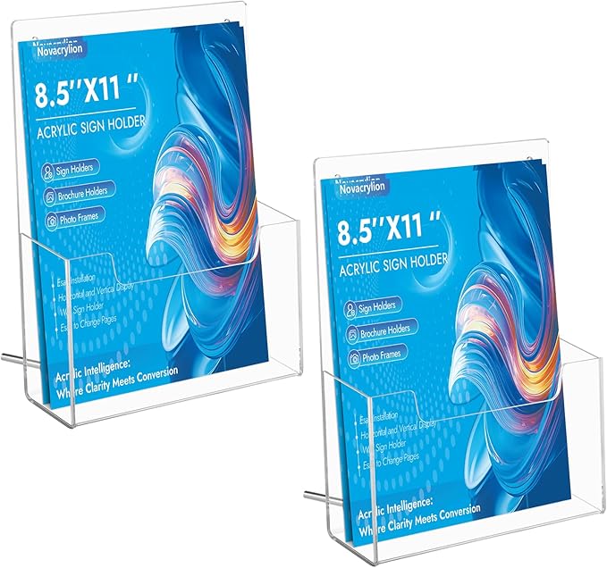 Acrylic Brochure Holder 8.5x11 [2 Pack] - Clear Trifold Sign Holder for Flyers, Menus, Posters | Wall Mount & Desktop Display Stand for Office, Retail, Restaurant