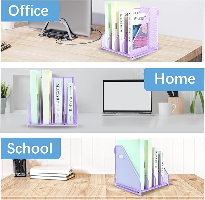 Desk Organizers Metal Magazine File Holder Racks Desktop Folder Storage Binder Organiser Document Organization for Home Office & Classroom,4 Vertical Compartments-Purple