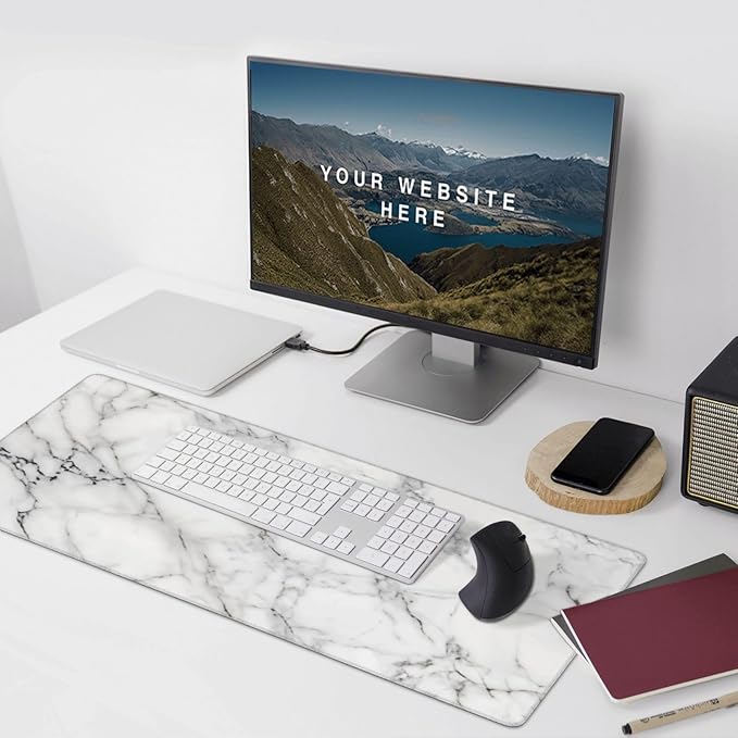 White Marble Large Mouse Pad & Desk Mat Extended Mousepad with Stitched Edges Non-Slip Rubber Base Laptop Computer Keyboard Pad for Gaming, Office & Home Decor, XXXL - 35.4" X 15.7"