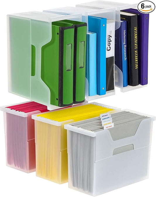 IRIS USA Medium Portable Desktop File Box with Open Lid, 6 Pack, Side Handles, Hanging File Folders, Tabs & Inserts, Letter Size, Magazines, Newspapers, Mail, Books, Notebooks, Clear
