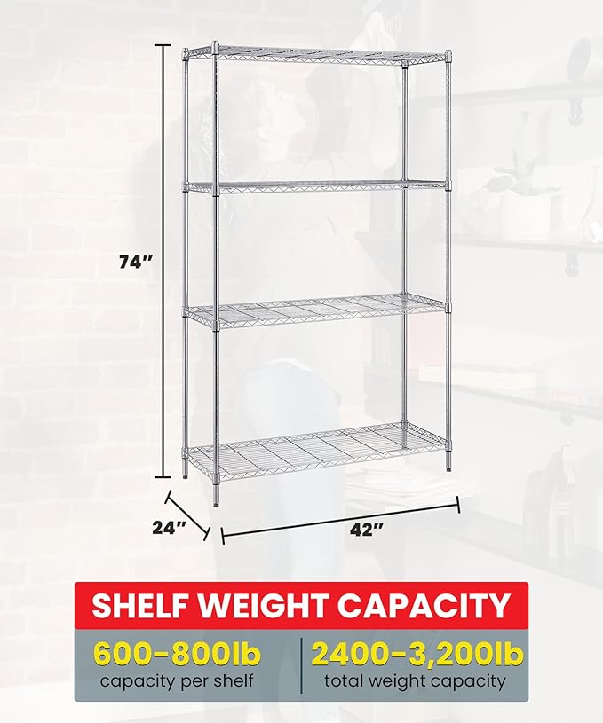 Quantum Storage Systems WR74-2442C Starter Kit for 74' High 4-Tier Wire Shelving Unit, Chrome Finish, 24' Width x 42' Length x 74' Height