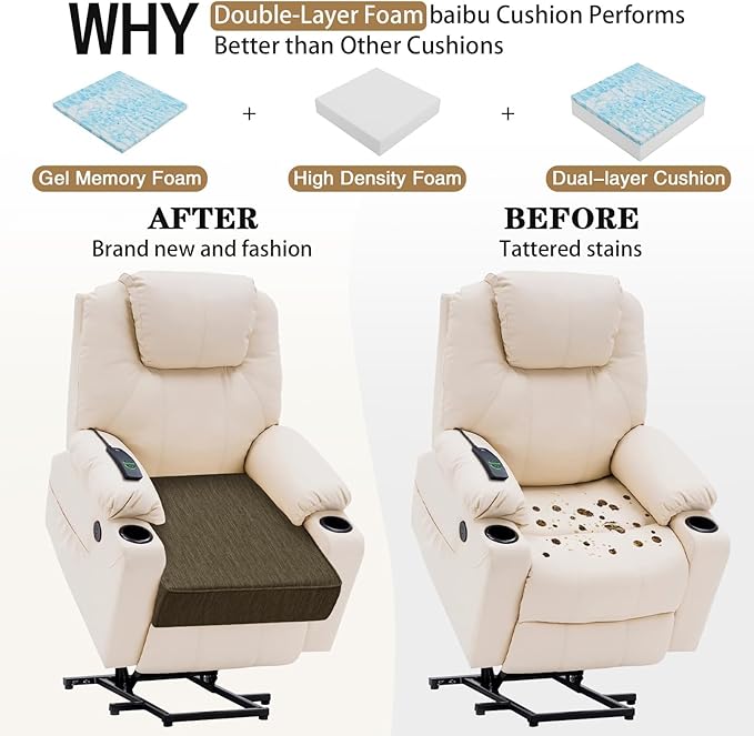 baibu Extra Large Dual-Layer Gel Memory Foam Recliner Cushions for Elderly, 20x20x5 Inch Thick Non-Slip Recliner Seat Cushion Suitable for Couch for Easy to Stand Up & Reduce Hip & Lumbar Pain, Brown