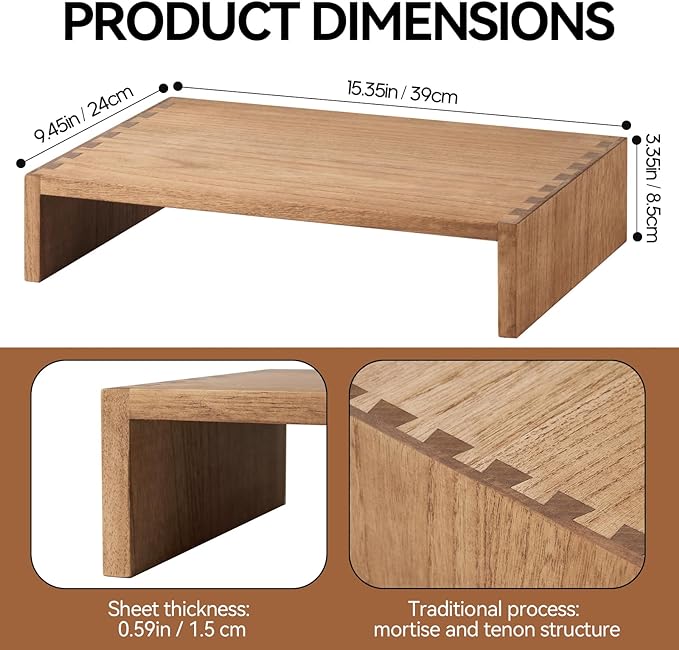 KIRIGEN Wooden Monitor Stand Riser, Solid Wood Desk Shelf for Computer, Laptop, Small TV or Printer, Fully Assembled Desktop Organizer with Storage Space for Home Office, PMJ39-DBR