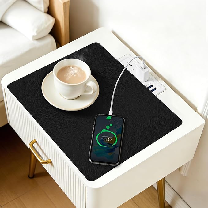 Cuttable PU Leather Nightstand Mat - 13.8x10.8in, Waterproof, Heat Resistant & Non-Slip Night Stand Accessories, Bedside Table Mat, Dresser Protector Top, End Table Cover, Small Desk Mat, Black