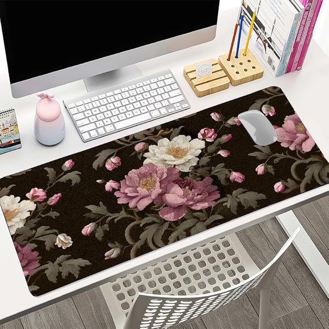 Luxury Peony Blooms Desk Mat, PU Leather Desk Pad with Non-Slip Base - Large Office Keyboard Mat for Women, Ideal Gift for Home & Gaming Setup （27.56 * 13.78in）