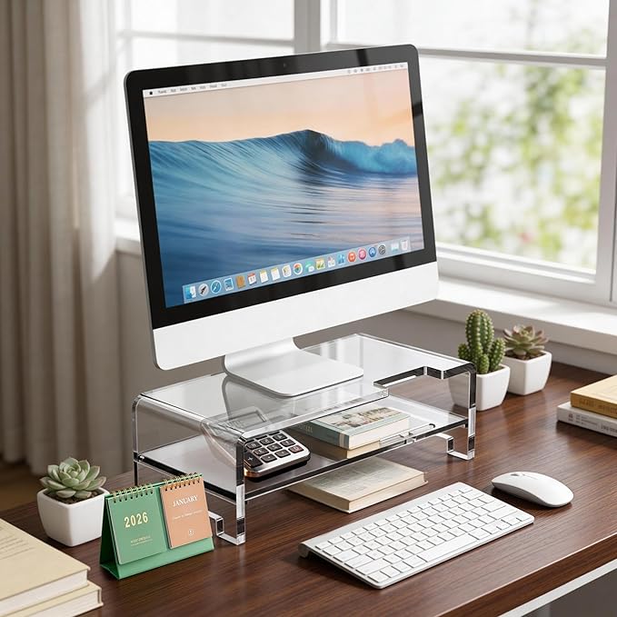 Acrylic Monitor Stand Riser 16'' 2-Tier Acrylic Laptop Stand Clear Computer Stand Laptop Riser with Storage Desk Organizer Accessories for Home and Office