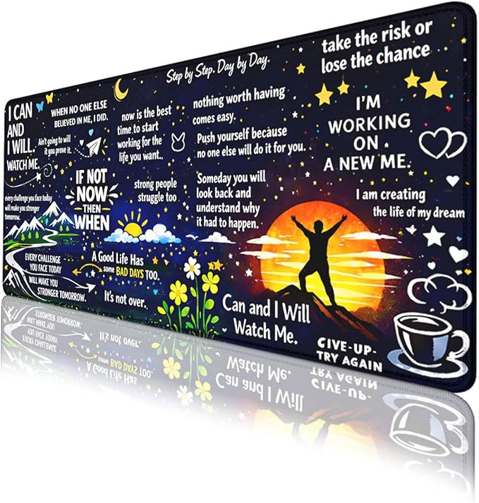 Motivational Quotes Mouse Pad Inspirational Night Sky Extended Mousepad Waterproof Stitched Edges Rubber Base Non-Slip Deskmap Computer Keyboard Mat 31.5x11.8 Inch
