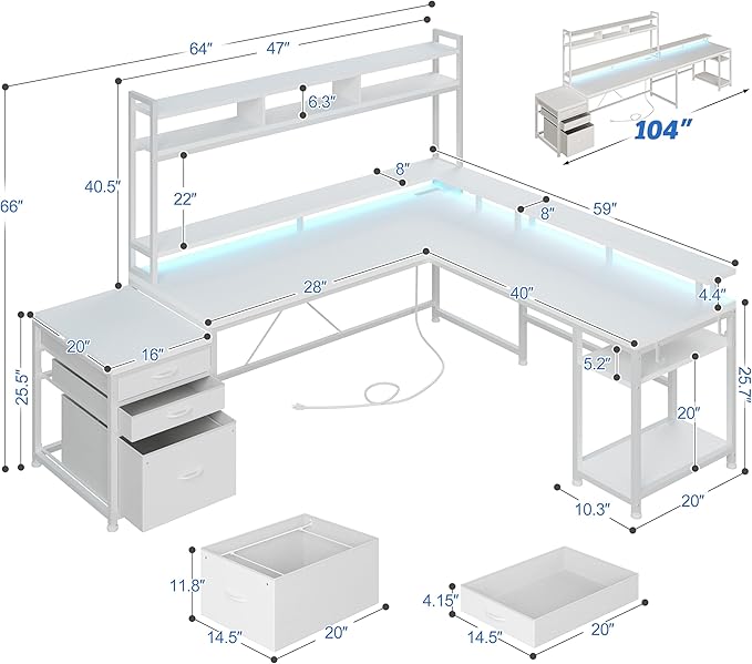 EnHomee 64 x 60 Inch L Shaped Desk with Shelf and Drawers, Gaming Desk with Power Outlet & Monitor Stand & LED Lights, Reversible White Vanity Desk, Two Person Desk for Living, Gaming Room, White