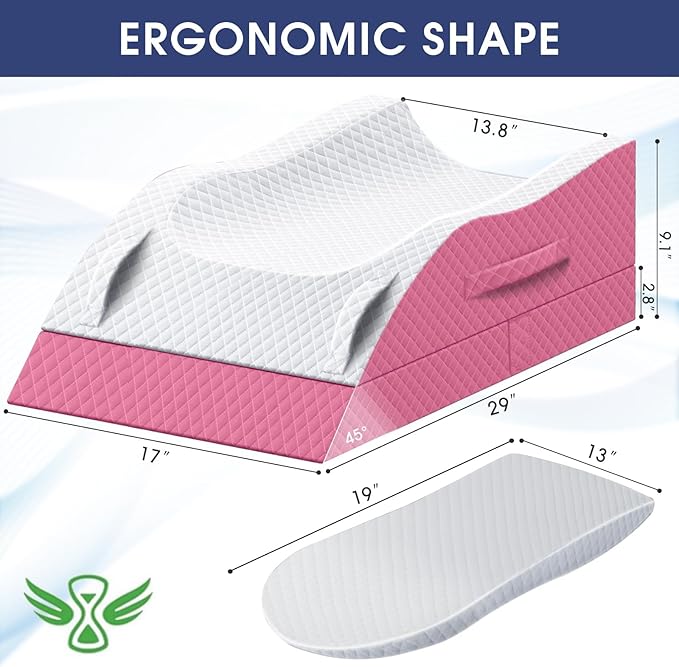 CushZone Leg Pillow, Leg Elevation Pillow with Pad and Memory Foam, Height Adjustable Bolster Pillow for Legs, Leg Pillow Elevation Blood Circulation, for Post-Surgery, Pink & White