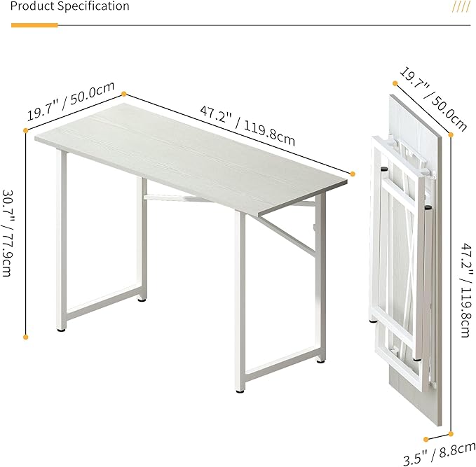 Lutown-Teen Folding Desk 47 inch No Assembly Required Home Office Table, Writing Gaming Computer Camping Desk, White