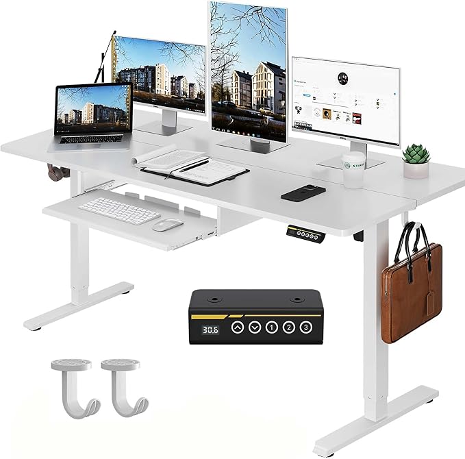 Electric Standing Desk with Keyboard Tray,55x24 inches Adjustable Height Stand Up Desk,3 Preset Heights,Equipped with Hooks,Raising Desks for Home Office and Computer Workstation,White