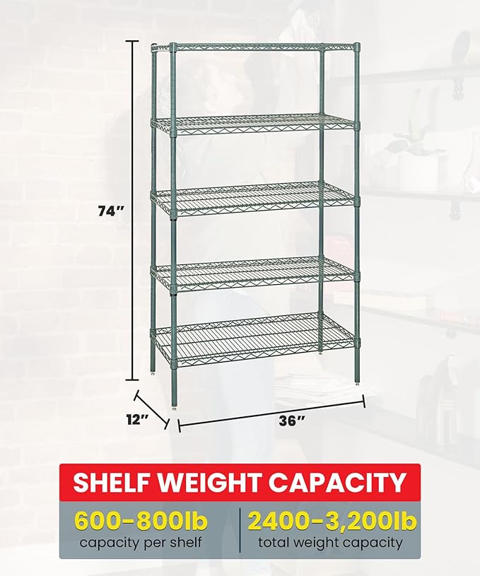 Quantum Storage Systems WR74-1236P-5 Starter Kit Wire Shelves Green Epoxy 5 Shelves 74" H x 36" W x 12" D