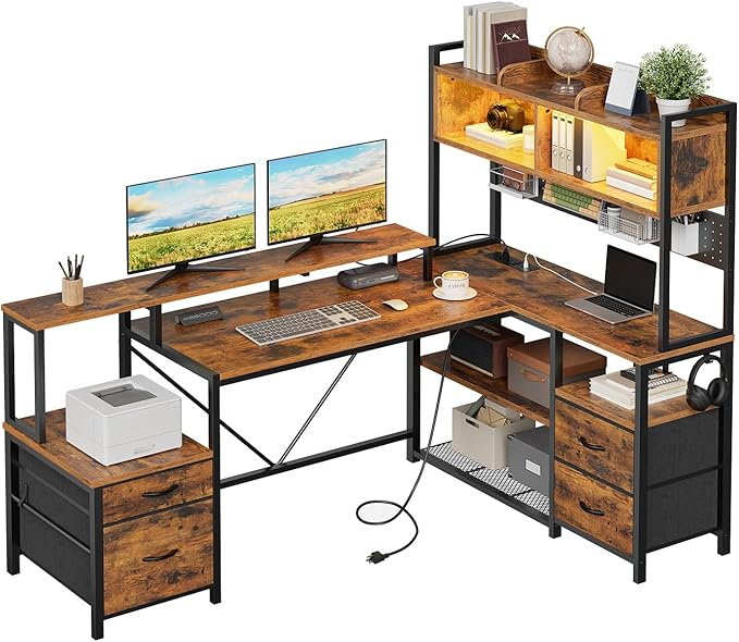 RALGEND 75" L Shaped Gaming Desk with Hutch, L Shaped Desk with Drawers, LED Light, Power Outlets & Pegboard, Corner Desk with Storage Shelves & Monitor Stand for Home Office, Rustic Brown and Black