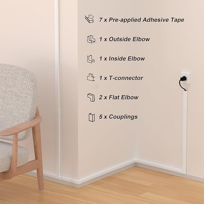 110in Cord Covers for Wires on Wall Kit, Large Cord Hider Wall Kit, Wire Covers for 3-4 Cords on Wall, White TV Cable Hider Cable Raceway, Simple Setup Wire Hider, W1.2 X H0.6in