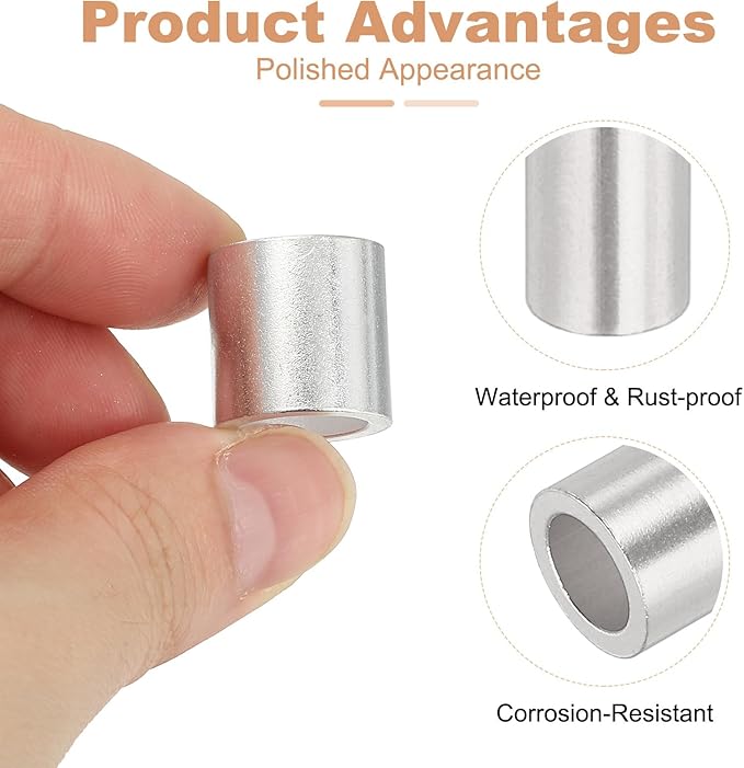 uxcell 3/8"(10mm) Aluminum Crimping Loop Sleeve, Wire Rope Stop Sleeve Round Crimp Ferrules for Wire Rope and Cable Ferrule, Silver 50Pcs
