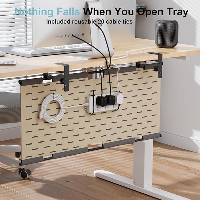No Drill Under Desk Cable Management Tray, 30" Felt Cord Organizer for Table, Clamp/Screw Mount Wire Management with Privacy Panel for Standing Desk & Home Office (Gray/Khaki)