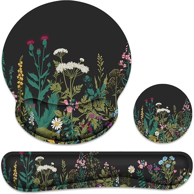 Ergonomic Mouse Pad with Wrist Rest and Keyboard Wrist Rest, Memory Foam Wrist Rest for Computer Keyboard, Easy Typing, Pain Relief, Mouse Pad Wrist Support for Gaming,Office, Laptop, Black Flower