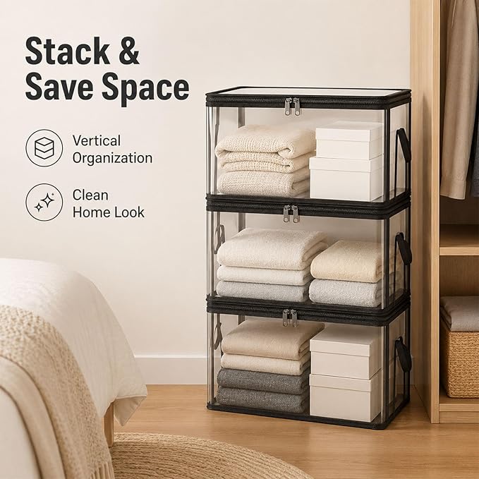 HICOOL Large Clear Thick Plastic Storage Box with Hinged Lid, Heavy-Duty Durable High Capacity Organizer, Perfect for Home, Camping, Travel, Attic and Moving (2 PCS)