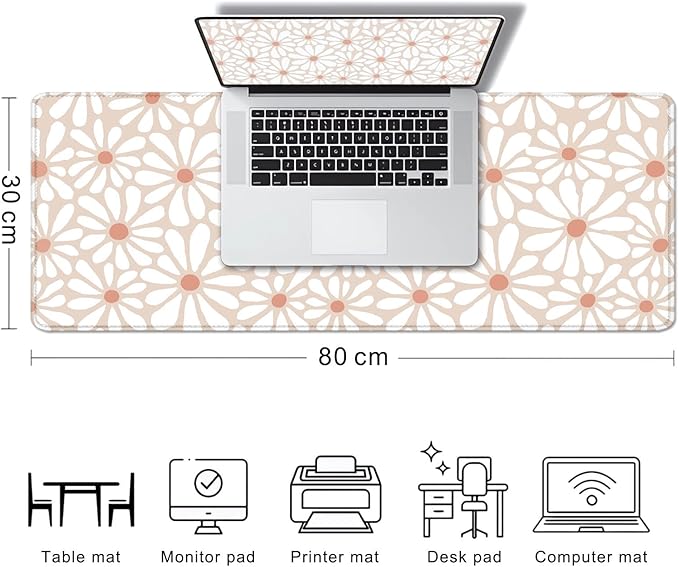 Cute Large Mouse Pad for Desk, Beige Flower Desk Pad for Computer Keyboard Laptop, Daisy Boho Big Mousepad, Non-Slip Base Floral Desktop Mat for Home Office, 31.5 x 11.8 inches