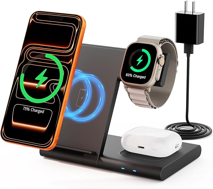 3 in1 Wireless Charger for iPhone，Wireless Charging Station for Multiple Devices Apple (Black Grey)