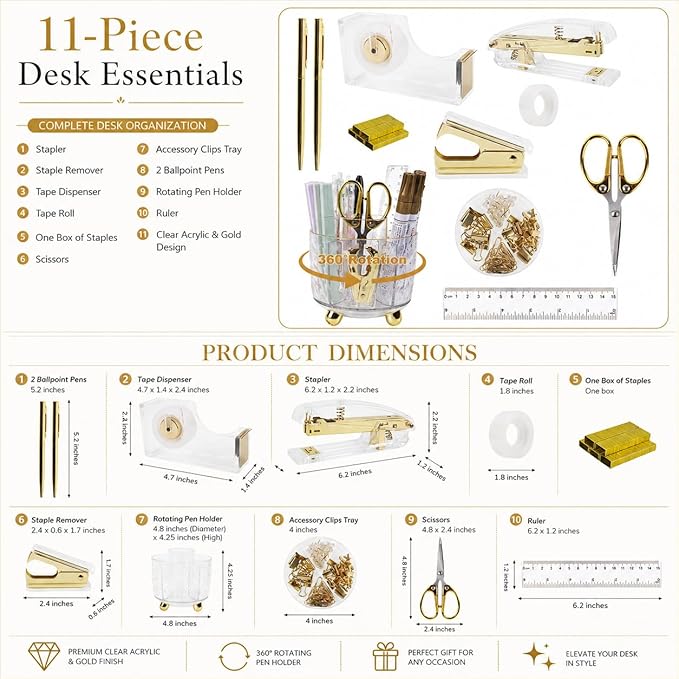 Office Desk Accessories Supplies - 11 Pcs Gold Desk Decor Set with 360-Degree Rotating Pen Holder, Women Cute Aesthetic Office Essentials Kit, Stapler Tape Dispenser, Acrylic Gift for School Home Work