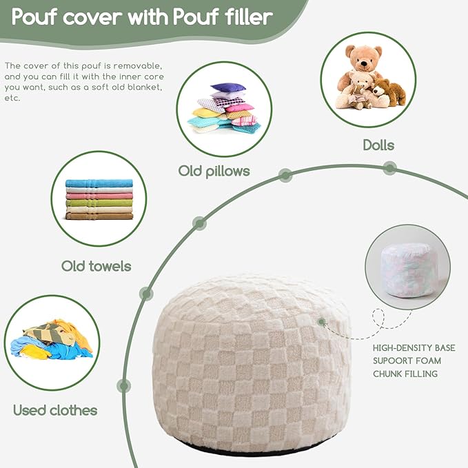 HIGOGOGO Round Stuffed Pouf Ottoman, Plaid Poufs with Foam Chunk Filling, Fluffy and Furry Pouf Foot Stool Storage Ottoman, 20 X 15 Floor Poufs Foot Rest for Living Room, Beige