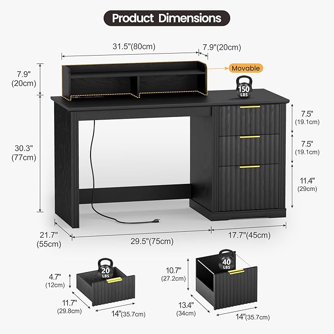 Lareth Computer Desk with Monitor Stand, 47 inch Home Office Desk with RGB LED Lights and Power Outlets, Writing Desk with Storage File Drawer for Working Gaming Writing, Black