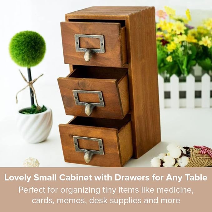 Vintage 3 Drawer Desktop Organizer - Rustic Card Catalog with Label Holders - Small Chest for Organization - Library Box - Table Nightstand Shelves Cabinet Vertical Storage