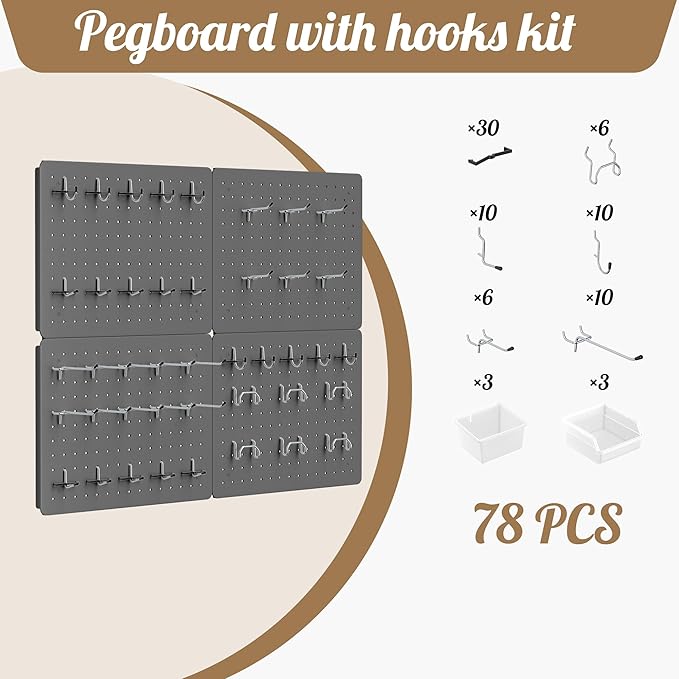 Peg Board for Tools, 4 Pack Metal Pegboard Wall Organizer with Hooks,16"×12" Gray Pegboard Panels for Walls Home, Garage Tool Storage, Kitchen, Office Organization, Craft Room