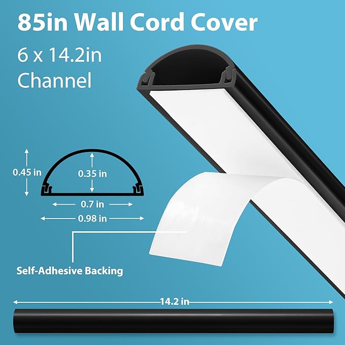 ZhiYo Cord Covers for Wires on Wall, 85in(6 x L14.2in) Cable Hider for Hiding 1-2 Cables, PVC Wire Covers for Cords on Wall Mount TV in Home or Office, Black W1in x H0.41in