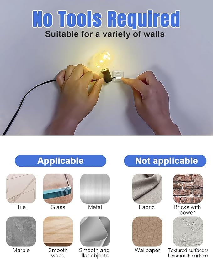 Hooks for Outdoor String Lights Clips: 50 Pack Square Clear Large Heavy Duty Light Hook Waterproof Adhesive Strips - Outside Hanging Rope Light Cable Cord Holders Organizer