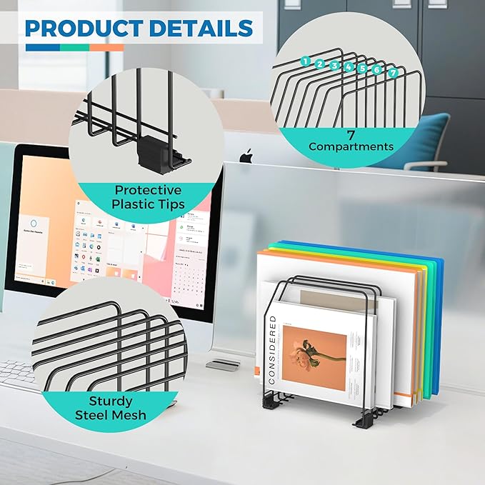 Gawerk File Organizer for Desk, 7-Section Vertical File Sorter, Paper Holder Organizer Standing Metal File Folder for Office Home Classroom, Black (2Pack)