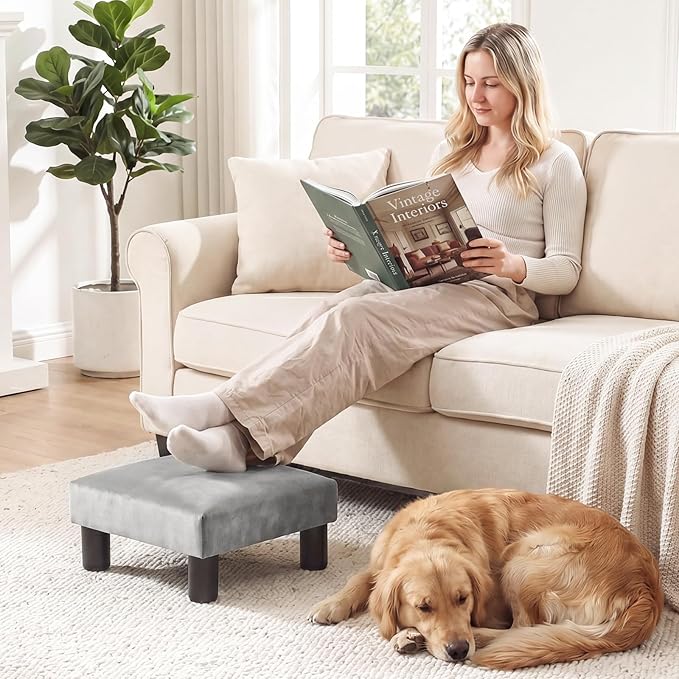 Joveco 15'' Small Foot Rest Stool Ottoman- Upholstered Footstool and Ottomans Small Footrest for High Beds- Lightweight and Portable, Light Gray