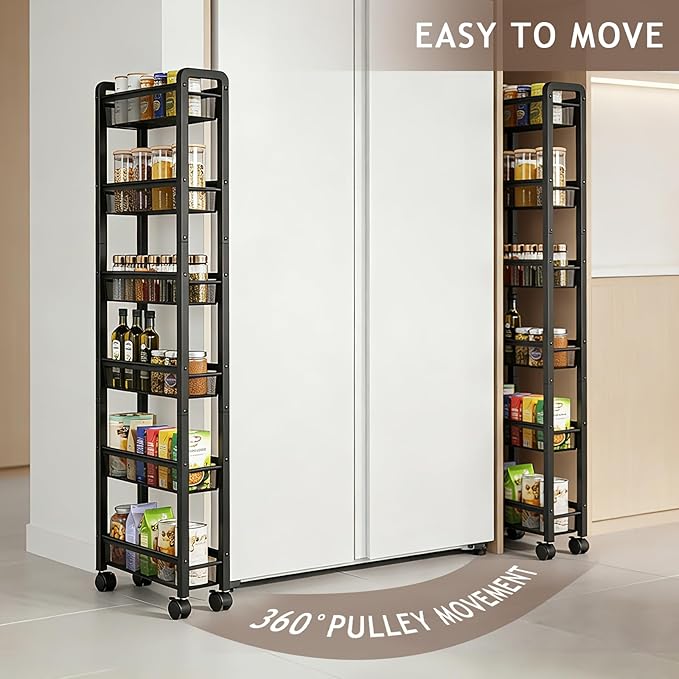 6 Tier Slim Rolling Storage Cart, Narrow Kitchen Storage Cart, Spice Rack Organizer with Wheels, Space Saving Shelf for Living Room, Laundry Room, Bathroom, Narrow Spaces