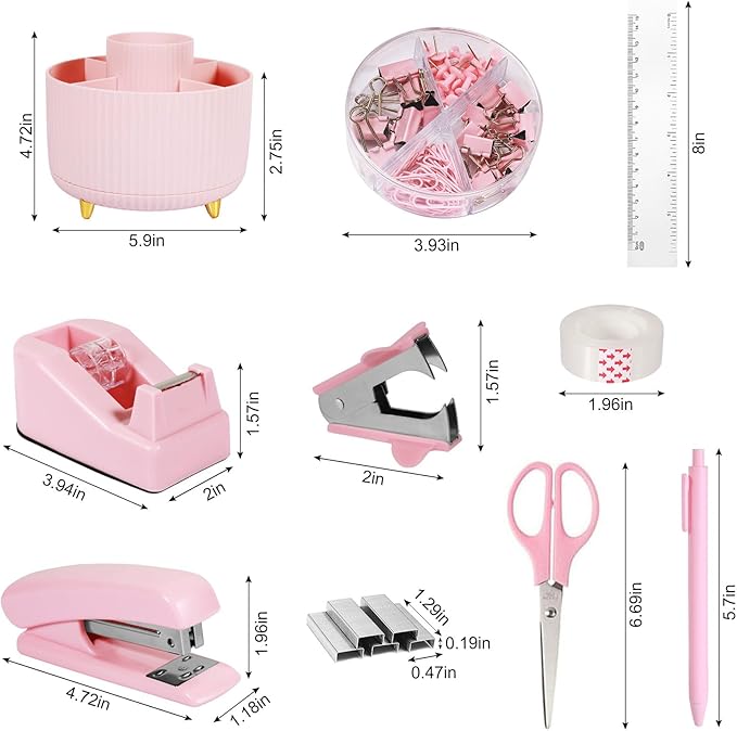 Gawsey Pink Desk Organizers and Accessories Set with 360-Degree Rotating Pen Holder, Tape Dispenser, Stapler, Staple Remover, 1000 Staples, Tape, Clips Set, Ruler, Scissor, Pen