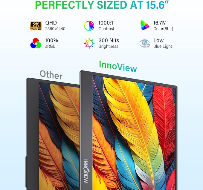 InnoView 2K Portable Monitor 15.6" QHD 100% sRGB, Built-in 180° Adjustable Stand Travel Monitor USB C Standard HDMI Ultra-Slim Portable Monitor for Laptop MacBook Phone PS5 Xbox Switch