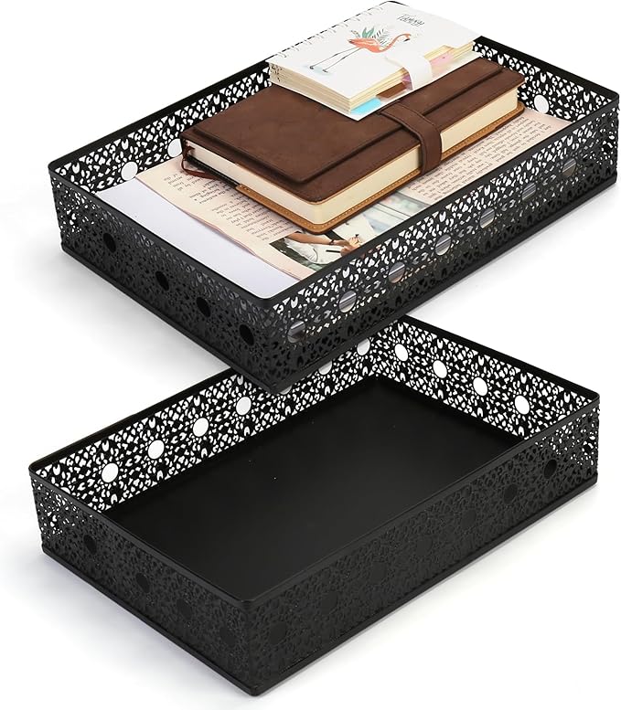 Desk Drawer Organizer, A4 Large Metal Mesh Desk Organizer Tray, Carved Hollow Floral Desk Letter Tray, Versatile Storage Basket for Office Home Supplies,13x9x3 inches (Round Holes,2 PCS)