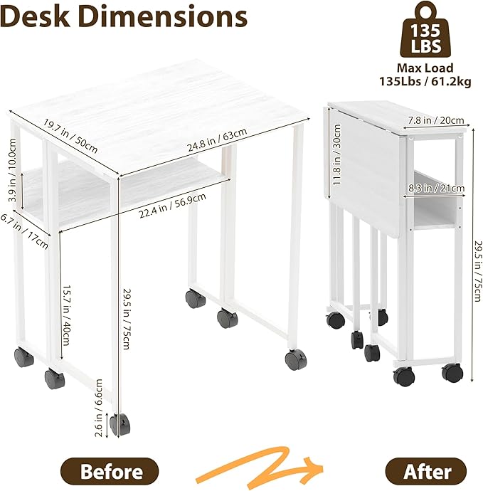 Folding Desk Small Rolling Desk with Storage Shelf,24.8 Inch Foldable Computer Table with Wheels,Portable Office Desk for Small Space Sofa Table,Easy to Fold,Writing Work Office Computer Desk,White