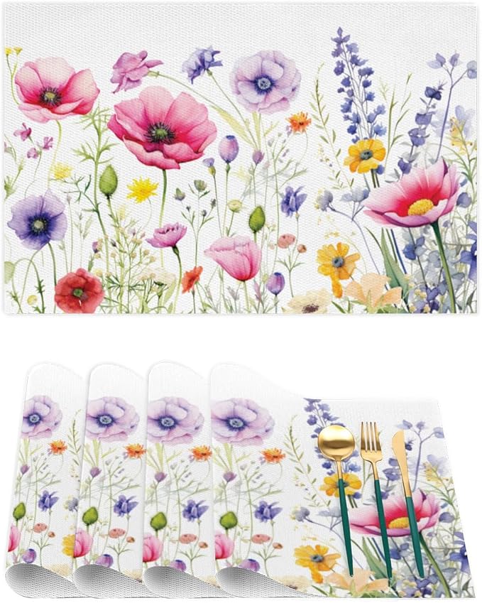 Placemats Set of 4 Heat-Resistant Rectangle Place Mats Floral Flower Grass Washable Plastic PVC Dining Table Mat Non-Slip Wipeable Woven Vinyl Placemat for Kitchen Patio Table Decor
