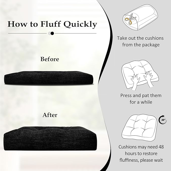 downluxe Chair Cushions for Dining Chairs 2 Pack, Tufted Indoor Chair Pads with Non-Slip Bottom, U-Shaped Kitchen Chair Cushions, 17"x17"x4", Black