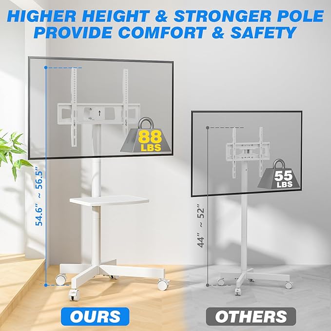 Rolling TV Stand with Shelf for 23-65/32-85 inch TVs up to 88lbs, Portable Mobile TV Cart with Silent Wheel, Tilt & Height Adjustable Universal Corner TV Stand for Bedroom, Living Room (White, 23-65")