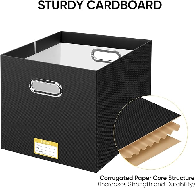 BALEINE File Organizer Box, Cardboard File Folder Organizer with Handle for Letter Size, Portable Collapsible Hanging Filing Box for Home Office Document Storage (4 Pack, Large Black)